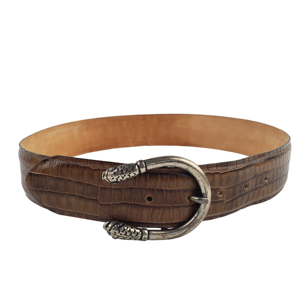 Berge Womens Belt Brown Leather Embossed Snake Metal Buckle Closure Size Small